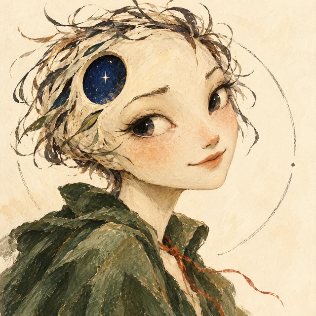 Imagined illustrated portrait of Lola, with ink-like hair and a star-filled opening at one temple.